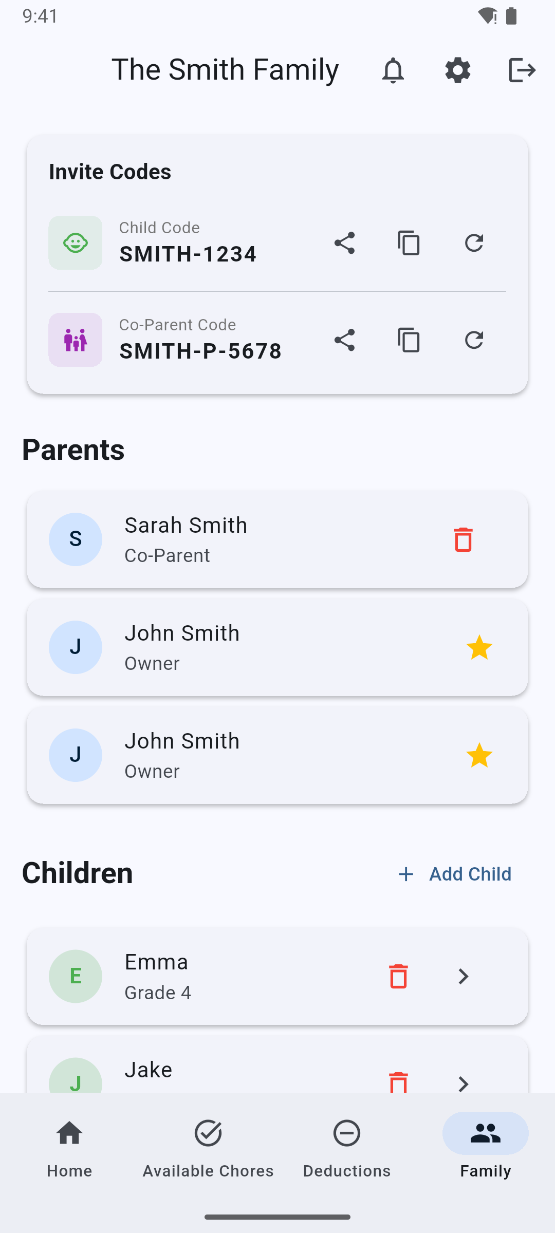 Family Settings - Invite codes, co-parents, and allowance configuration