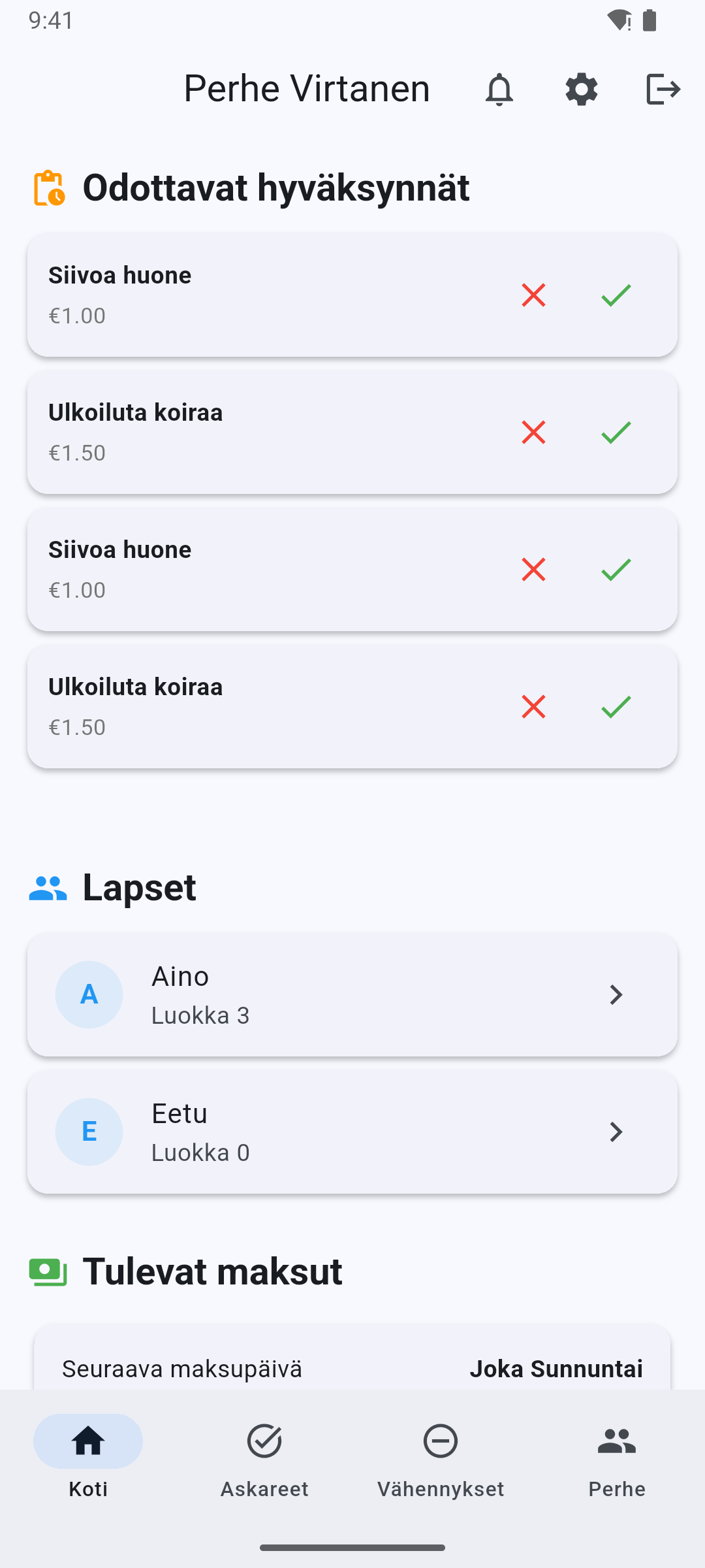 Vanhemman näkymä - Yleiskatsaus kaikkien lasten kotitöistä ja ansioista