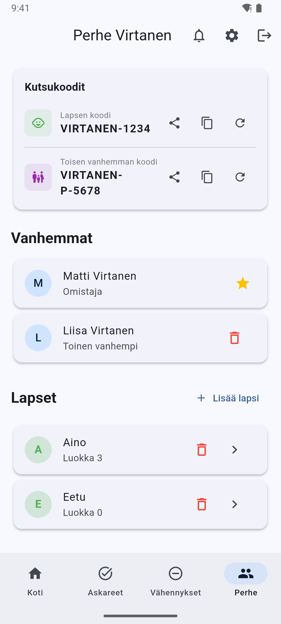 Perheen asetukset - Kutsukoodit, toinen vanhempi ja viikkoraha-asetukset