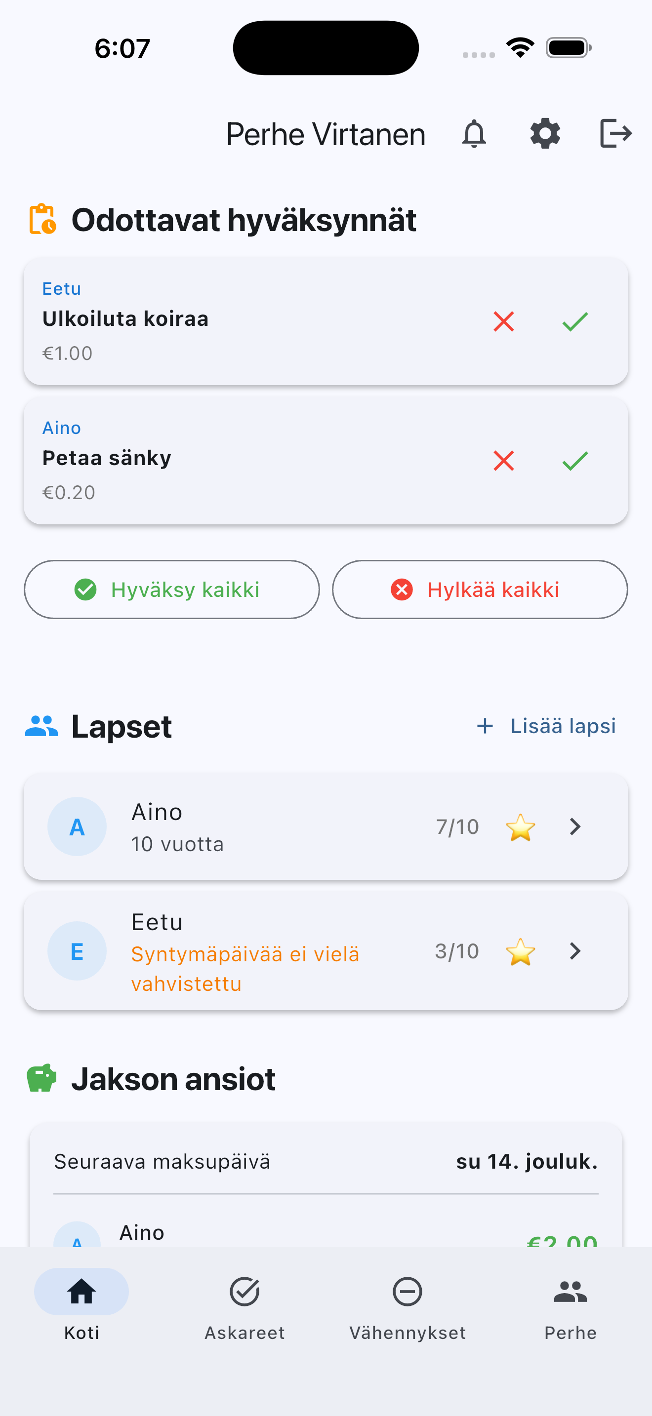 ChoreBucks Perheen Viikkoraha Hallintapaneeli - Kaikkien lasten ansiot
