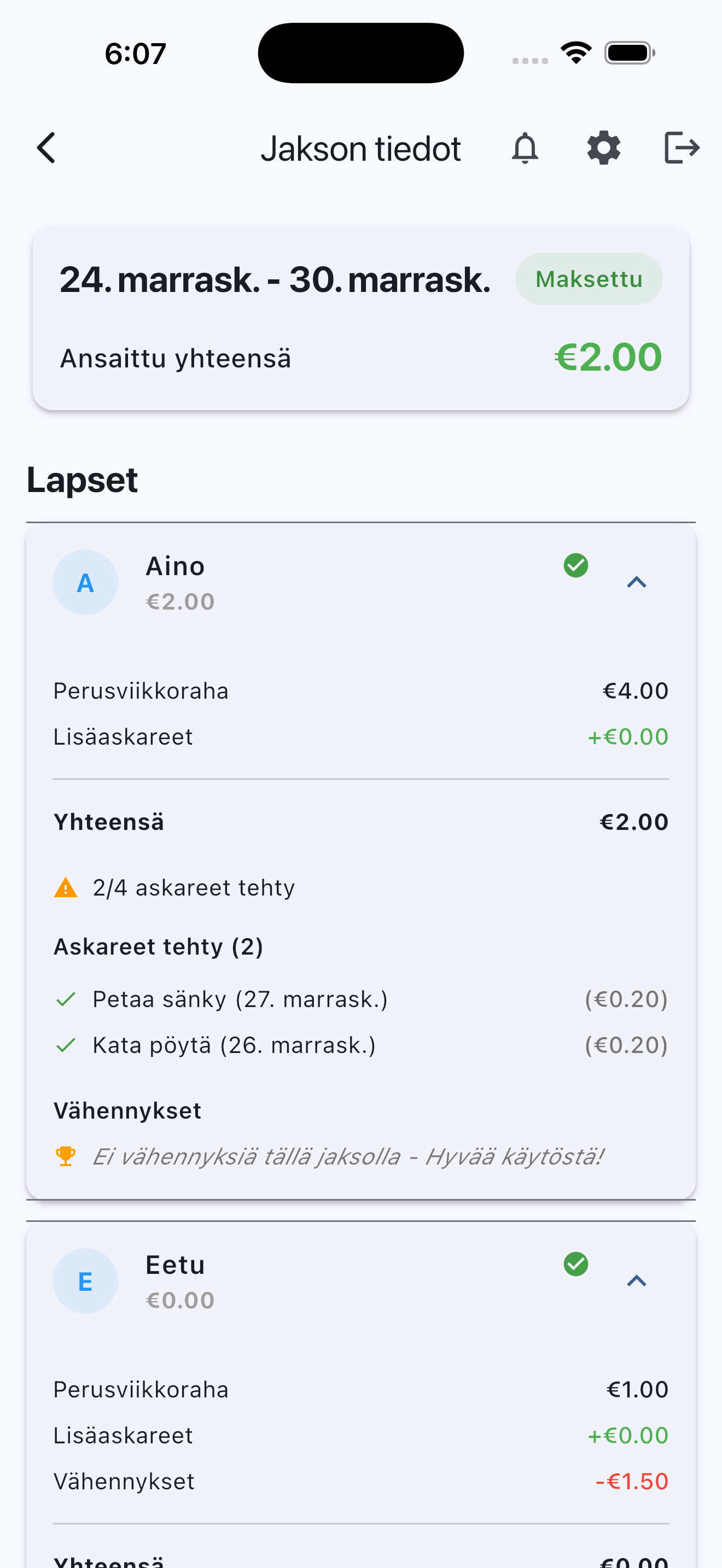 ChoreBucks Maksuhistoria - Täydelliset viikkorahatiedot