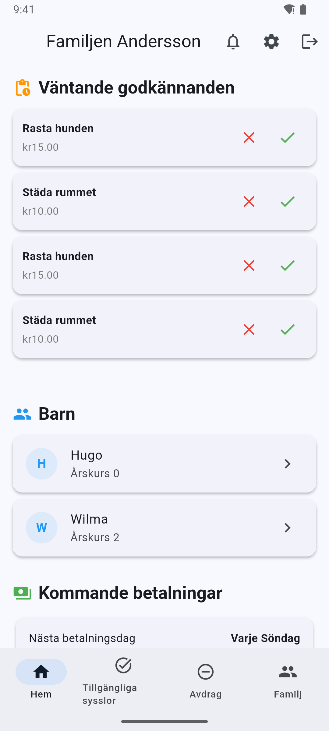 Föräldravy - Översikt över alla barns sysslor och intäkter