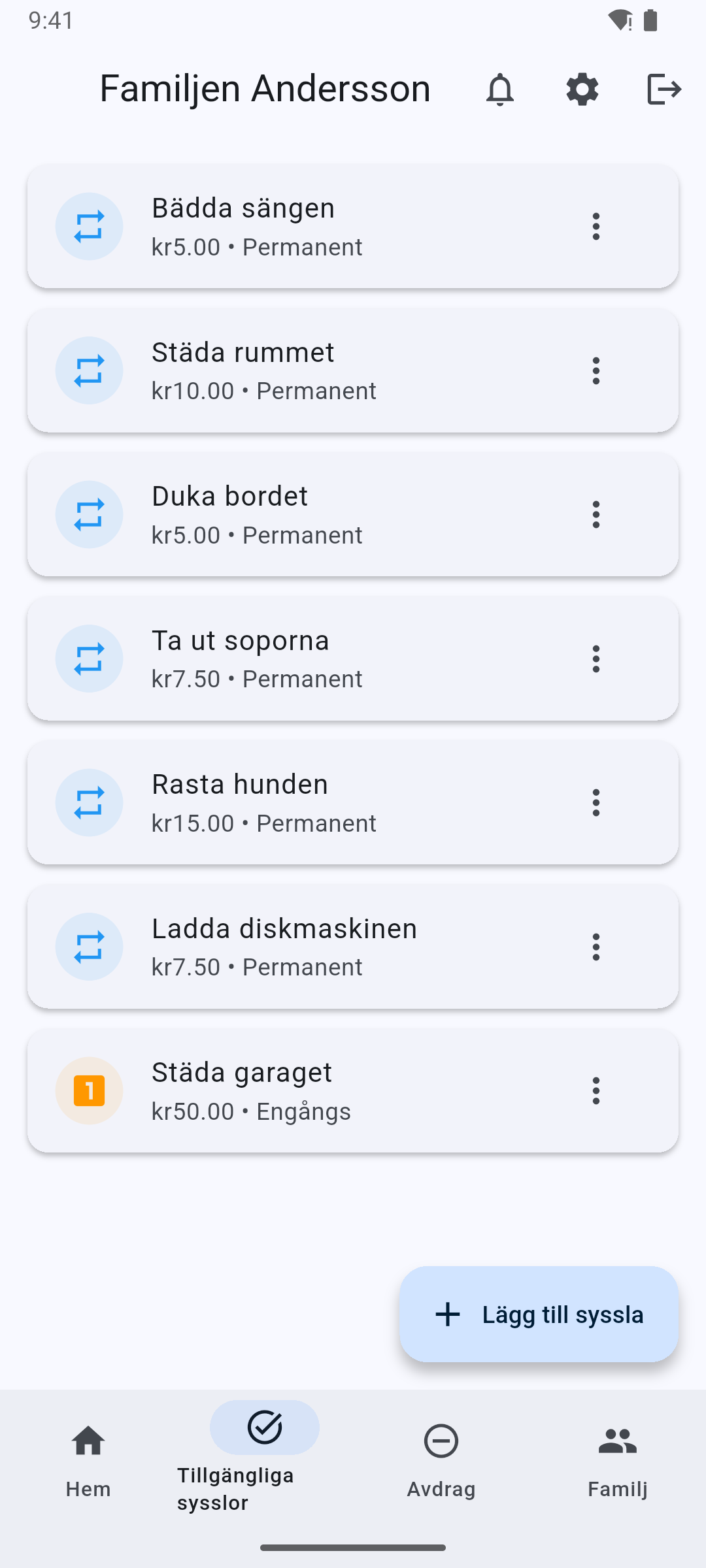 Sysslor - Skapa och hantera familjesysslor med egna värden