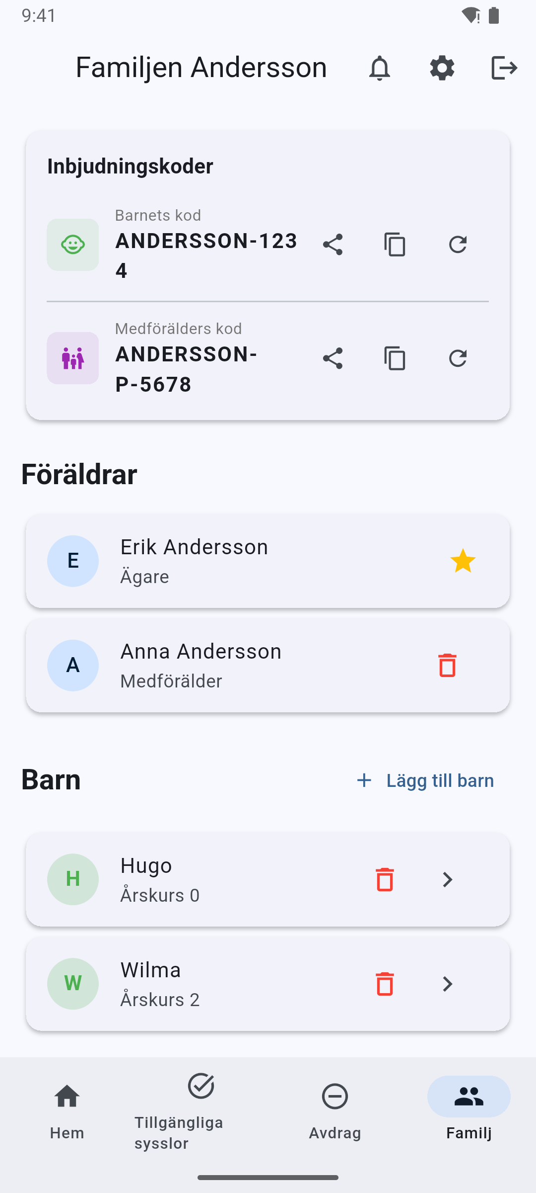 Familjeinställningar - Inbjudningskoder, medföräldrar och veckopengsinställningar